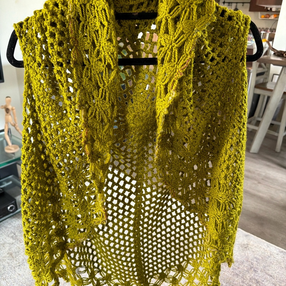 Boho Crochet Vest Handmade Mustard Olive Open - Picture 4 of 7